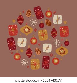 Christmas greeting card with baubles, balls, snowflakes, gifts, stars on taupe background. Circle ornament. Perfect for seasonal holidays and winter decorations. Vector illustration