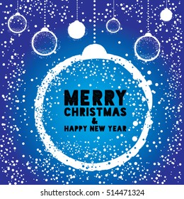 Christmas Greeting Card with Baubles in Blue.
Merry Christmas Lettering, Vector Illustration.