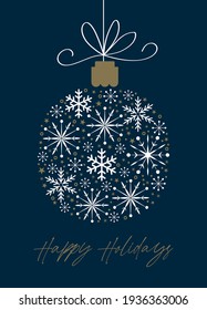 christmas greeting card with baubles design on blue color background