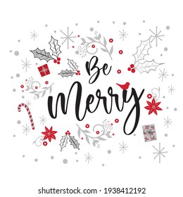 Christmas greeting card, with be merry letter and Christmas ornament