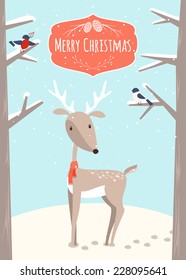Christmas greeting card and bear and deer character. Merry Christmas and holidays wish Vector background. 