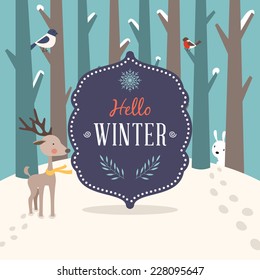 Christmas greeting card and bear and deer character. Hello Winter message Vector background. 