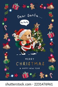 Tarjeta de felicitación navideña con muñeca de oso en ilustración vectorial del disfraz de Santa Claus