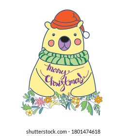 Christmas Greeting Card with bear wear Santa Claus's hat. Merry Christmas lettering. Template for New year Cards, Scrapbooking, Stickers, Planner, Invitations.