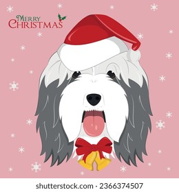 Christmas greeting card. Bearded Collie dog with red Santa's hat and golden Christmas bells