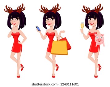 Christmas greeting card. Beautiful woman wearing funny mask with reindeer horns, set of three poses. Smiling cartoon character. Vector illustration on white background