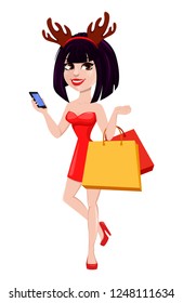Christmas greeting card. Beautiful woman wearing funny mask with reindeer horns. Smiling cartoon character holding shopping bags and smartphone. Vector illustration. 
