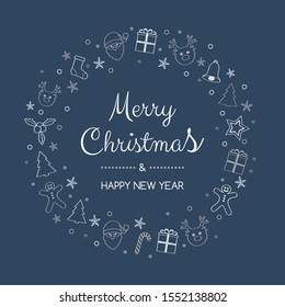 Christmas greeting card with beautiful wreath with ornaments. Vector.