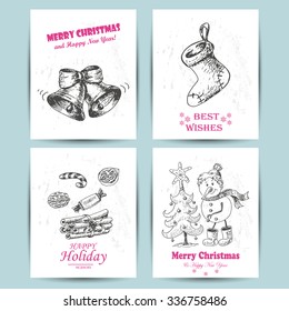 Christmas greeting card with bells, snowman, candy and socks. Vector  illustration for your design