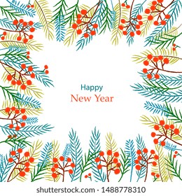 Christmas greeting card with berries, branch, leaves. Perfect for winter holidays