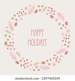 Christmas greeting card with berries, cones and fir branches on white background. Perfect for seasonal holidays and decorations. Hand drawn frame, wreath