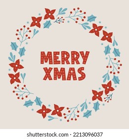 Christmas greeting card with berries, flowers, snowflakes on white background. Scandinavian style. Perfect for seasonal holidays, New Year decorations. Hand drawn frame, wreath.