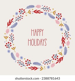 Christmas greeting card with berries, snowflakes, fir branches on white background. Perfect for seasonal holidays and decorations. Hand drawn frame, wreath