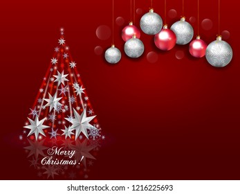 Christmas Greeting Card  With Big Free Space For Your Advertising Or Your Message. Vector illustration of abstract Christmas tree on red background, Christmas balls  and inscription Merry Christmas.