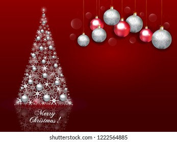 Christmas Greeting Card  With Big Free Space For Your Advertising Or Your Message. Vector illustration of abstract Christmas tree on red background, Christmas balls  and inscription Merry Christmas.