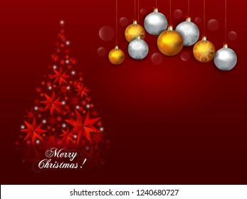 Christmas Greeting Card  With Big Free Space For Your Advertising Or Your Message. Vector illustration of Christmas tree on red background 
with gold and silver Christmas balls.  