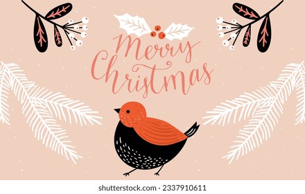 Weihnachtsgrußkarte mit Vogel, Volkskunst-Illustration, traditionelle Weihnachtsdekorationen als Tannenzweige und Beeren. Orangefarbene schwarze Grußschablone mit kalligraphischer Inschrift.