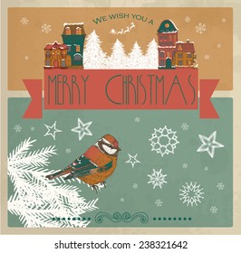 Christmas Greeting Card with bird and homes