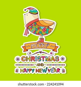 Christmas greeting card. Bird in scarves on a green background. Hand drawn vector illustration