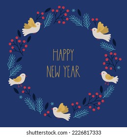 Christmas greeting card with birds, beries, fir branches, leaves on blue background. Scandinavian style. Perfect for seasonal holidays, New Year decorations. Hand drawn frame, wreath.