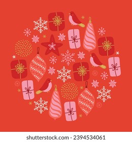 Christmas greeting card with birds, snowflakes, gifts, sparkles on red background. Circle ornament. Perfect for seasonal holidays and decorations. Vector illustration