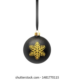 Christmas greeting card. Black Christmas ball, with an ornament and gold snowflake. Vector illustration on white isolated