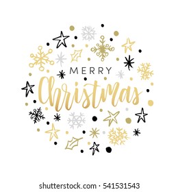 Christmas greeting card, black gold effect, lettering and calligraphy, modern brush lettering, hand drawn design elements, gifts, wallpapers, on vintage background