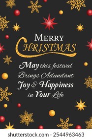 Christmas Greeting Card with Blessing Quote. Black Card with Gold Glitter Accents, Snowflakes and Colorful Decoration