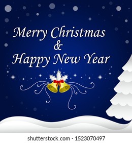 
Christmas greeting card with blue background. Happy New Year. Christmas tree snowflakes and white stars glow. Beautiful letters. Dark vector illustration. EPS 10