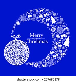 Christmas Greeting Card. Blue Christmas background with star, snowflakes, gift box, deer, Christmas tree and Christmas ball. Vector Illustration 