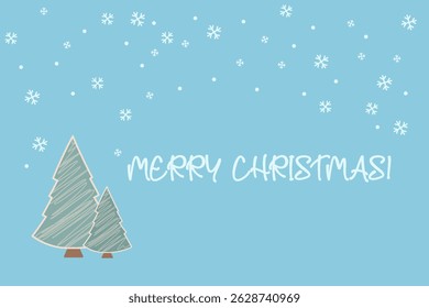 Christmas greeting card Blue background White snowflakes, and two hand drawn stylized fir trees. Winter holiday card template  Text Merry Christmas
