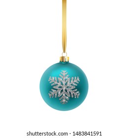 Christmas greeting card. Blue Christmas ball, with an ornament and silver snowflake. Vector illustration on white isolated background