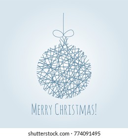 Christmas greeting card with blue ball. Vector illustration in linear style. 