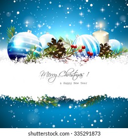 Christmas greeting card with blue baubles, branches,pinecones and berries on blue background