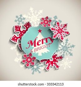 Christmas greeting card, blue sticker with text merry and bright with abstract red snowflakes, on beige background, vector illustration, eps 10 with transparency