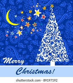Christmas greeting card. Blue template with Christmas tree. Vector Illustration
