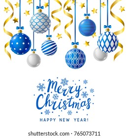 Christmas greeting card with blue and white Xmas balls