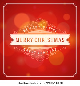 Christmas greeting card blurred light vector background. Merry Christmas holidays wish design and vintage ornament decoration. Happy new year message. Vector illustration. 