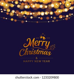 Christmas greeting card with bokeh lights and text in dark background. Vector illustration for holiday and a happy new year.