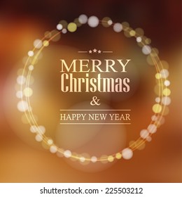 Christmas greeting card with bokeh lights wreath, vector illustration background