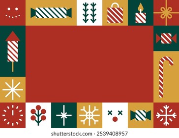 Christmas Greeting Card Border with Candy and Holiday Icons in Bold Colors