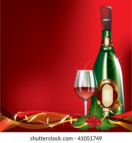 Christmas greeting card, bottle and glass