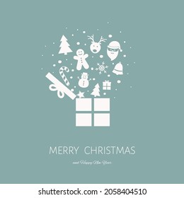 Christmas greeting card with a box full of gifts. Xmas ornament. Vector