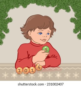 Christmas greeting card. Boy changes the figures from 2014 to 2015. Hand drawn style illustration.