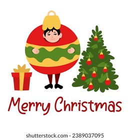 Christmas greeting card. A boy dressed as a round tree toy. Decorated Christmas tree with a gift and a tree toy. Christmas set on a white background. Family greeting card
