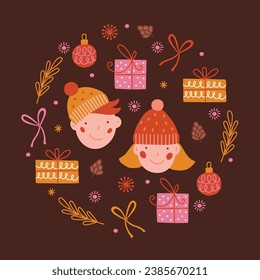 Christmas greeting card with boy, girl, gift, bow, cones, leaves, snowflakes on brown background. Circle ornament. Perfect for seasonal holidays and decorations. Vector illustration