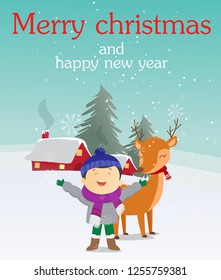 Christmas greeting card of a boy with his reindeer