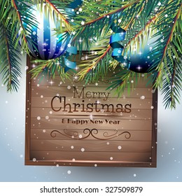 Christmas greeting card with branches, baubles and wooden sign