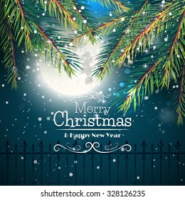 Christmas greeting card with branches in front of night sky