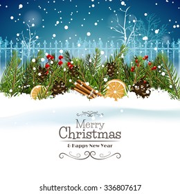 Christmas greeting card with branches and traditional decorations in the snow